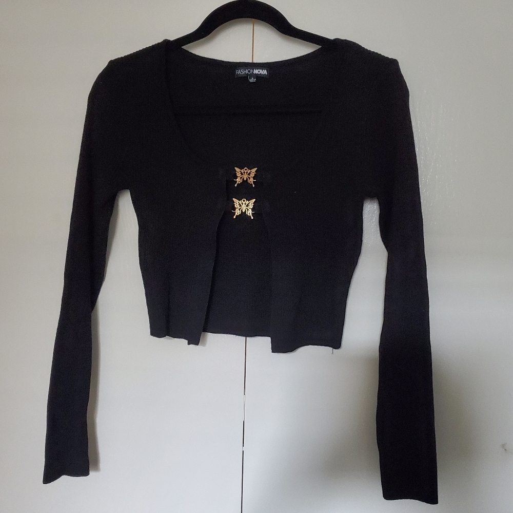 Fashion Nova Black Cropped Top with Gold Butterfly Accents